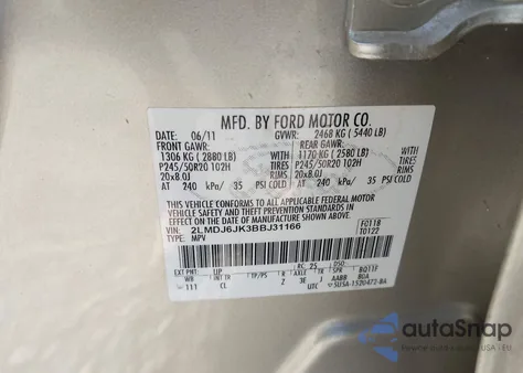 2011 Lincoln Mkx z USA, uszkodzony, nr VIN 2LMDJ6JK3BBJ31166